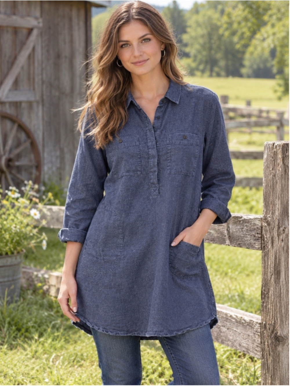 REI Wilderness Spirit Women’s Large Organic Cotton Chambray Tunic Shirt-dark Gra